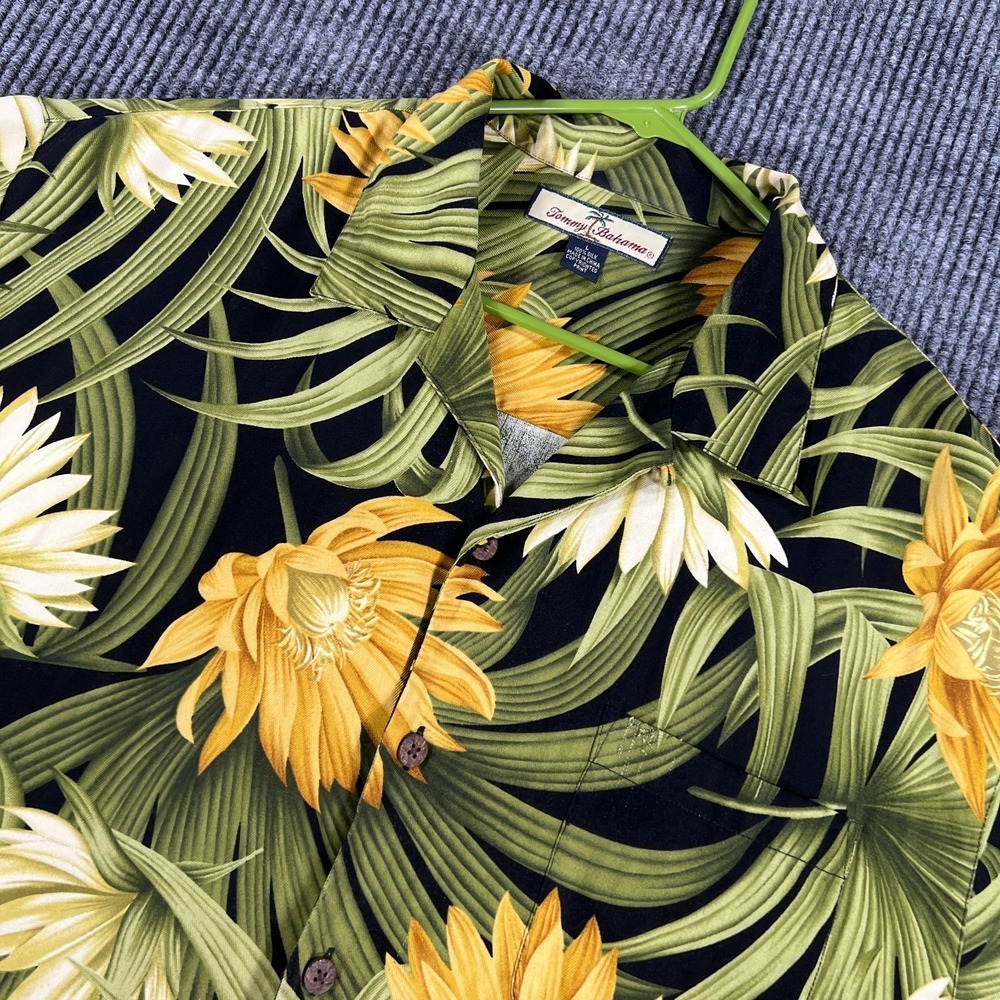 Tommy Bahama Silk Shirt Mens Large Green Floral Short Sleeve Button Up Tropical
